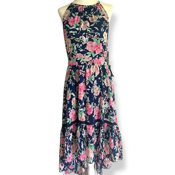 Eliza J Navy Floral Halter Midi Dress Size 12 Hi-Low Lined Ruffle Tier Chiffon - Picture 1 of 13